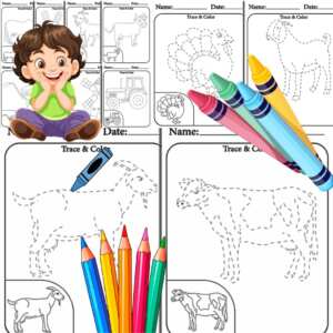 Attivitร  per bambini sugli animali della fattoria. Traccia e colora 43 pagine Stampabili