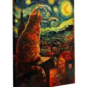 Gatto notte stellata stile Van Gogh Arte su tela 3 - Stampa su tela CON TELAIO
