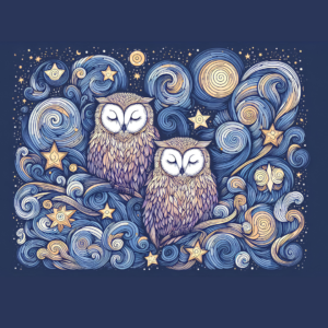Gufi sognanti in una notte stellata ispirata a Van Gogh - Stampa su tela CON TELAIO