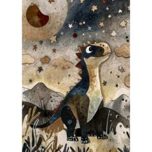 Sogni Preistorici: Il Dinosauro sotto il Cielo Stellato Stampa su tela.