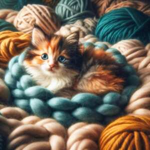 Adorabile gattino con il pelo soffice e gli occhi azzurri, su una morbida base di lana intrecciata - Stampa su tela